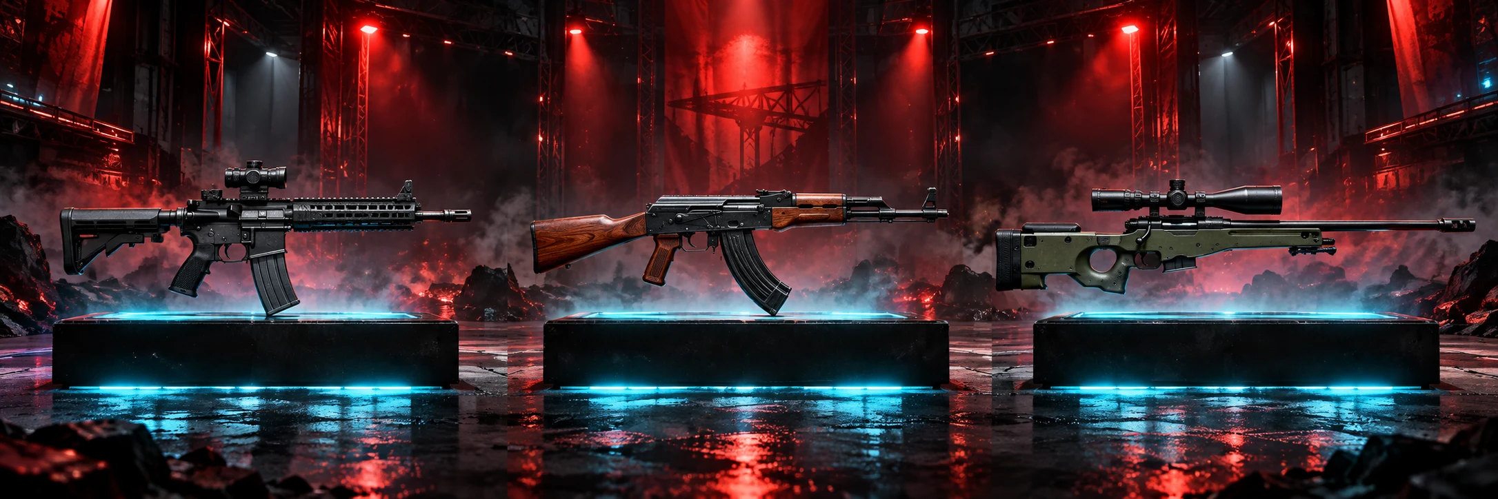 M416-style, AKM-style and AWM-style guns on illuminated display pedestals
