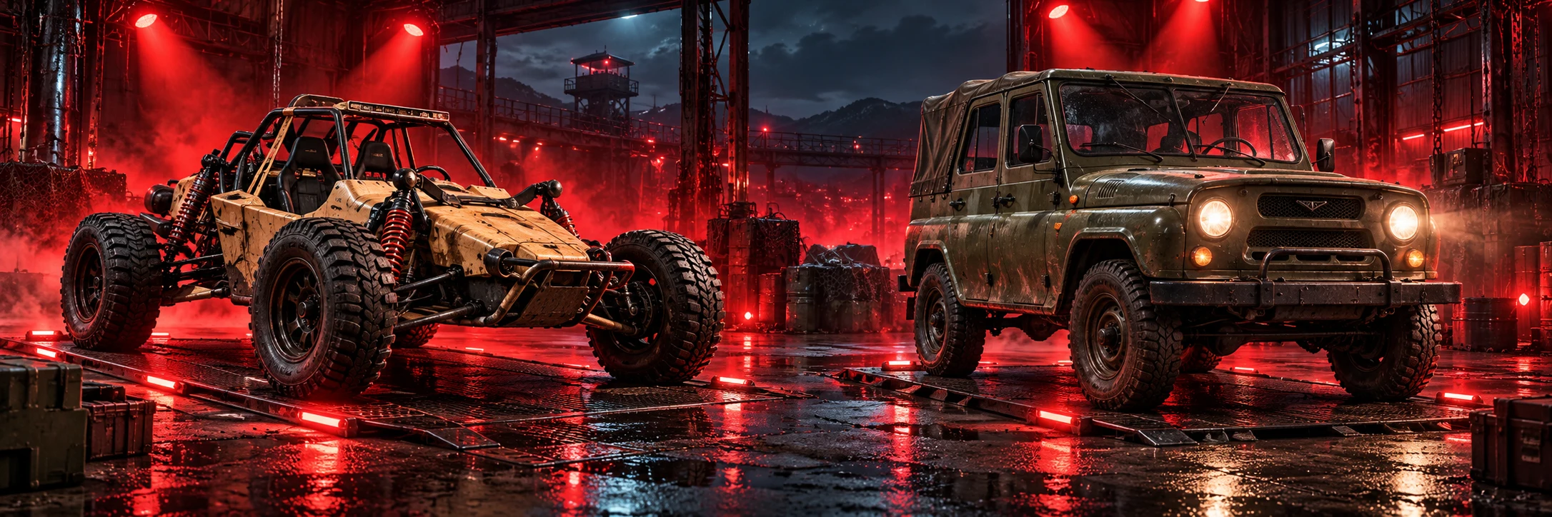 PUBG-inspired dune buggy and olive off-road jeep under red warehouse lights